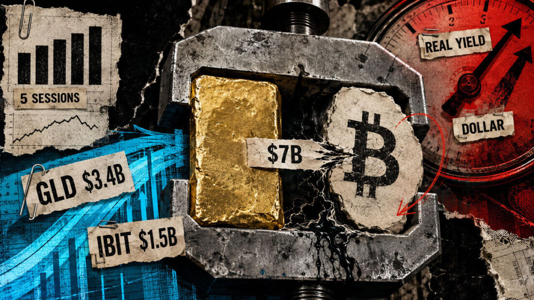 Bitcoin and gold ETF inflows visualized as institutional money flowing into two large funds