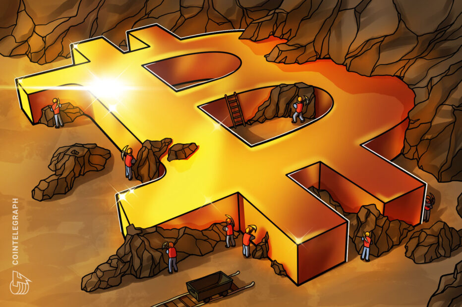 Bitcoin mining data center with rows of ASIC machines and declining revenue chart on monitor