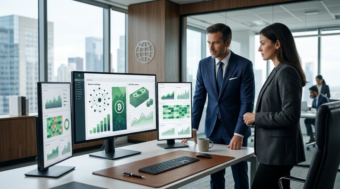 Corporate treasury dashboard showing dollar reserves and Bitcoin holdings on screens