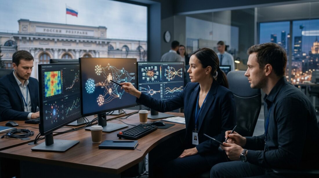 Financial investigators analyzing cryptocurrency wallet transactions on multiple screens, Russian central bank compliance concept, editorial fintech illustration
