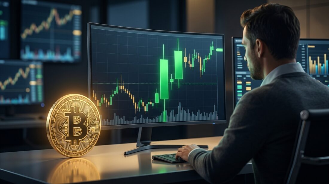 Trading terminal showing a massive green candlestick on a stock chart alongside a glowing golden Bitcoin symbol