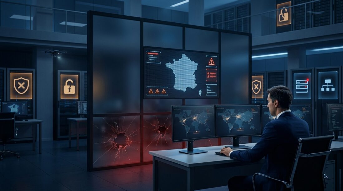 French government tax office data breach concept with digital documents and warning icons