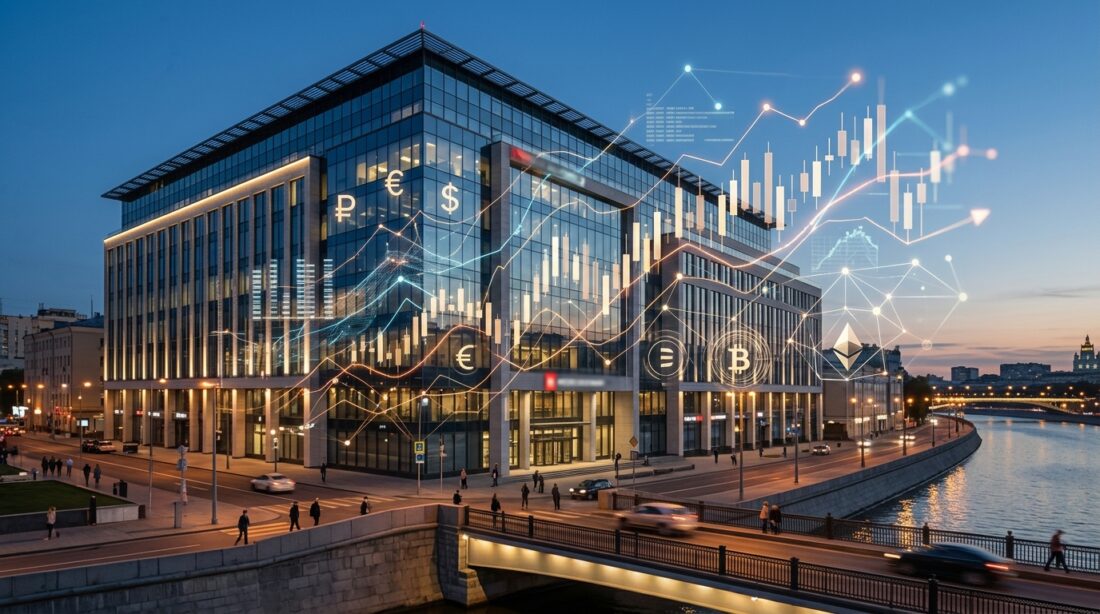 Moscow Exchange building facade with financial data overlay, Russian financial market concept