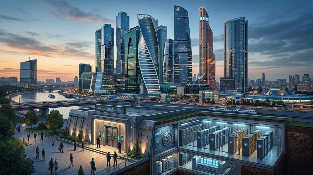 Moscow Exchange financial district with a separate secure digital cryptocurrency vault, institutional fintech editorial illustration
