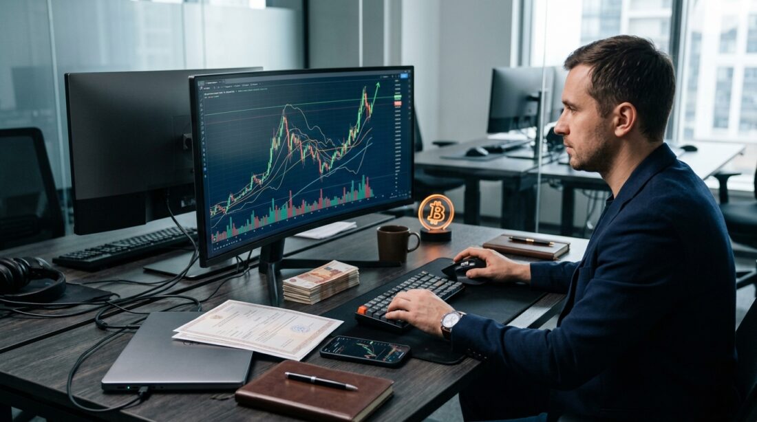 Bitcoin price chart with volatility and Russian ruble debt notes on a trading desk