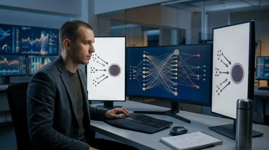 On-chain analyst tracking stolen crypto funds on multiple monitors, blockchain transaction flows visualization