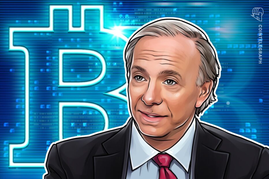 Ray Dalio stylized portrait with Bitcoin and gold coins fading into a declining traditional stock market chart