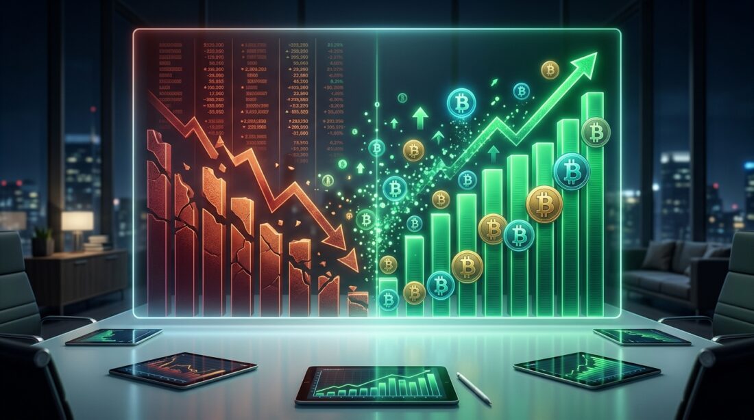 Corporate balance sheet transforming from red losses to green profits with Bitcoin symbols