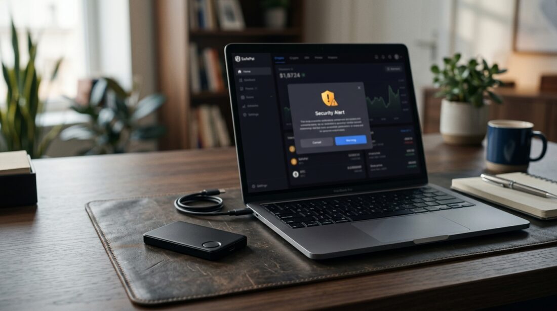 SafePal hardware crypto wallet on a desk next to a laptop showing a security warning message