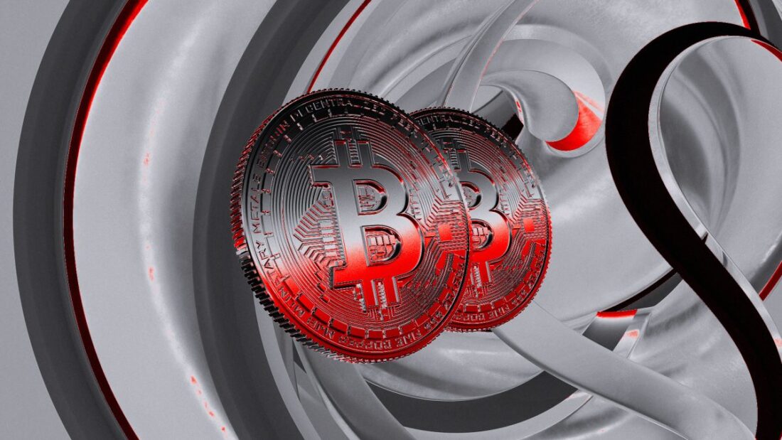 Bitcoin blockchain splitting into two diverging chains, one bright and long, one short and faded, abstract fintech illustration