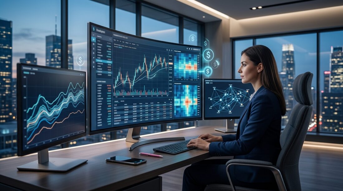Digital dashboard showing financial charts with USD currency symbols and stock market data, modern corporate finance theme