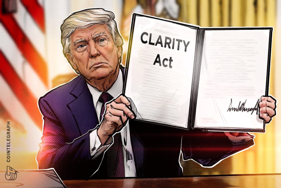 Donald Trump at White House podium with crypto executives standing behind him, US flags