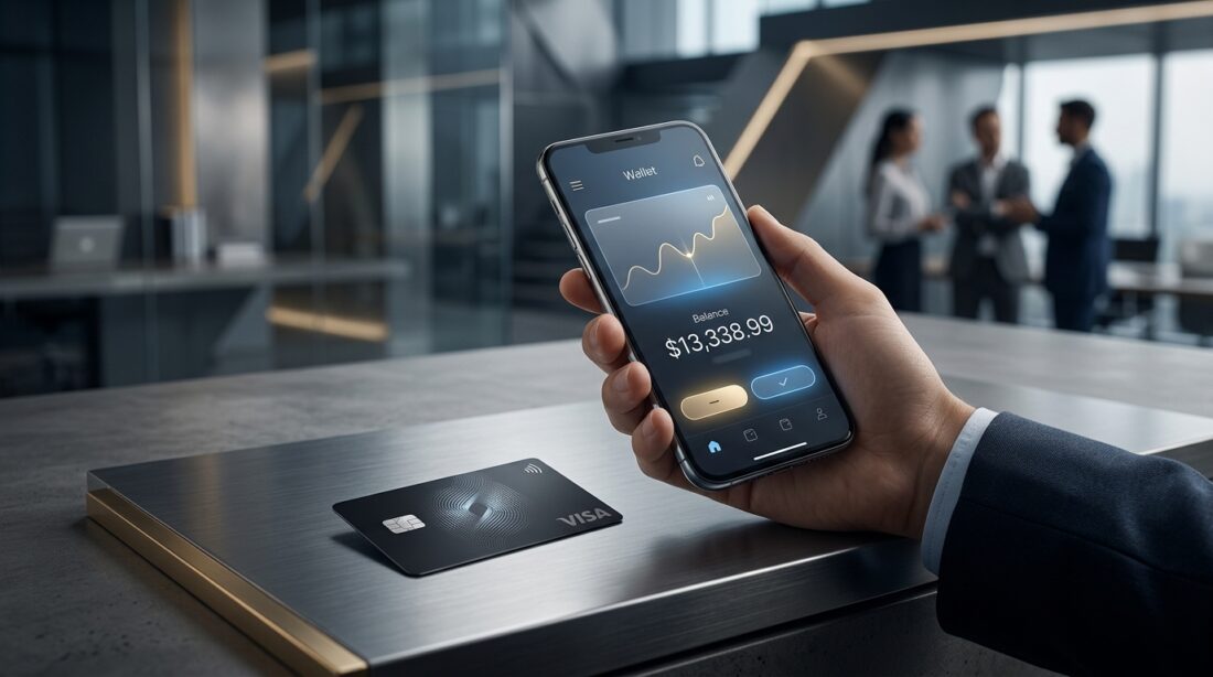 Mobile app showing a stablecoin wallet balance in US dollars next to a Visa card, fintech style illustration