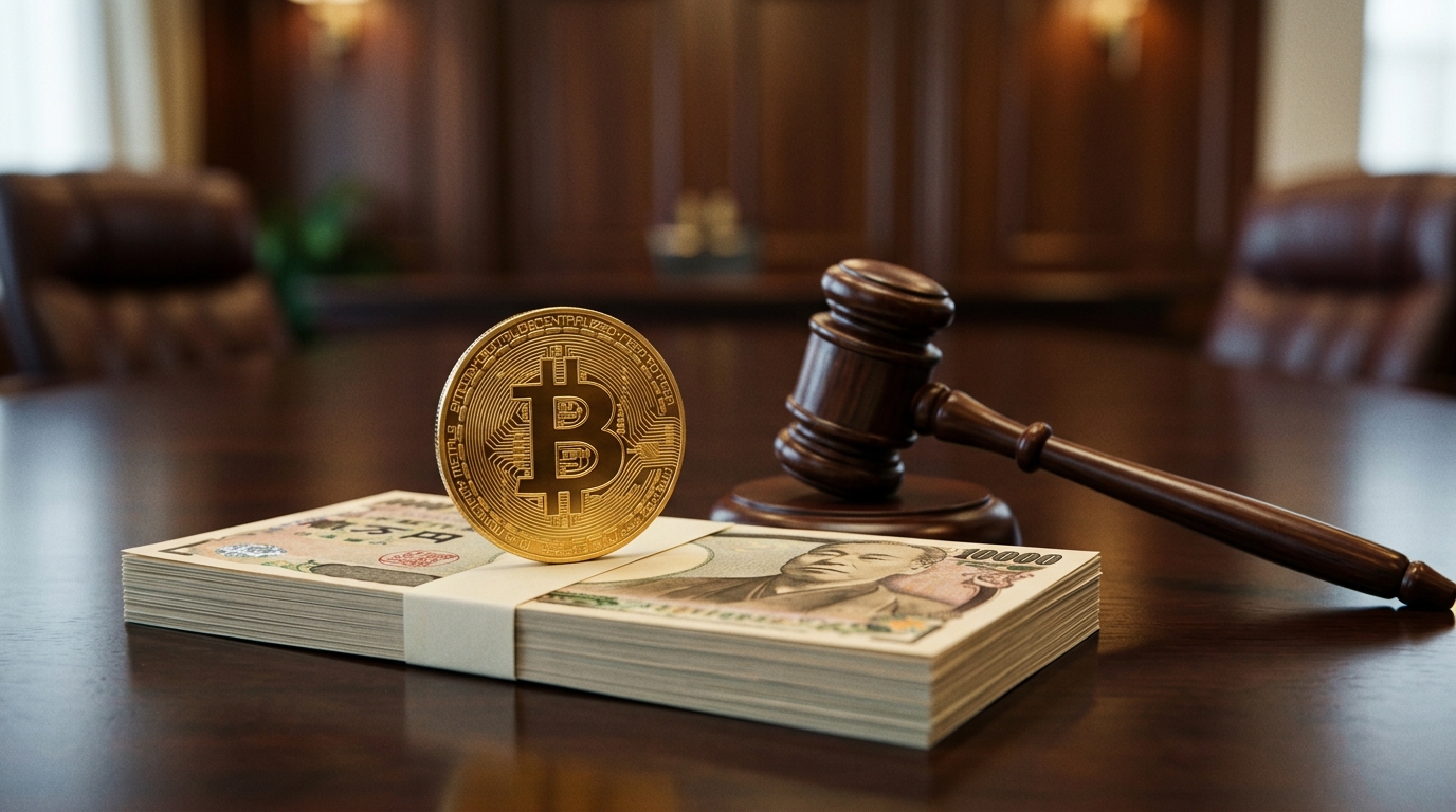Золотая монета биткоина на пачке банкнот рядом с судейским молотком