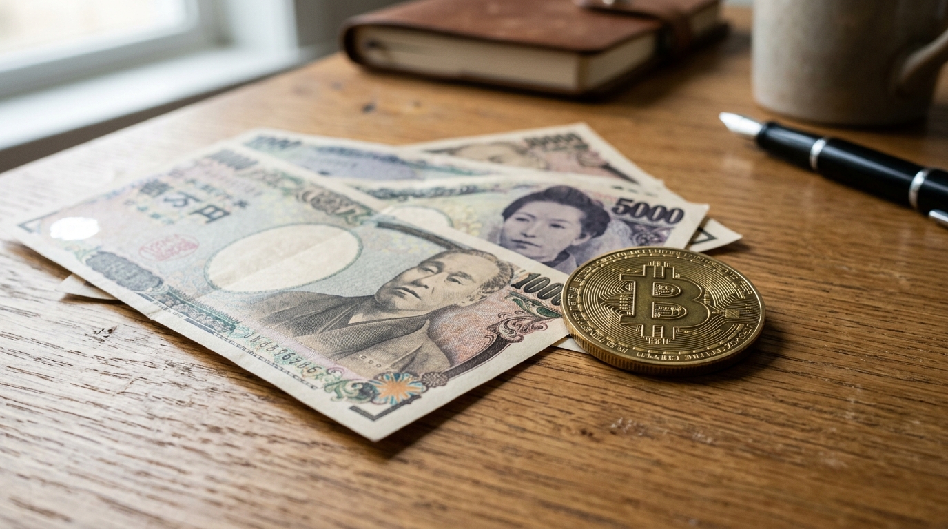 Японские йены и физическая монета биткоина на деревянном столе