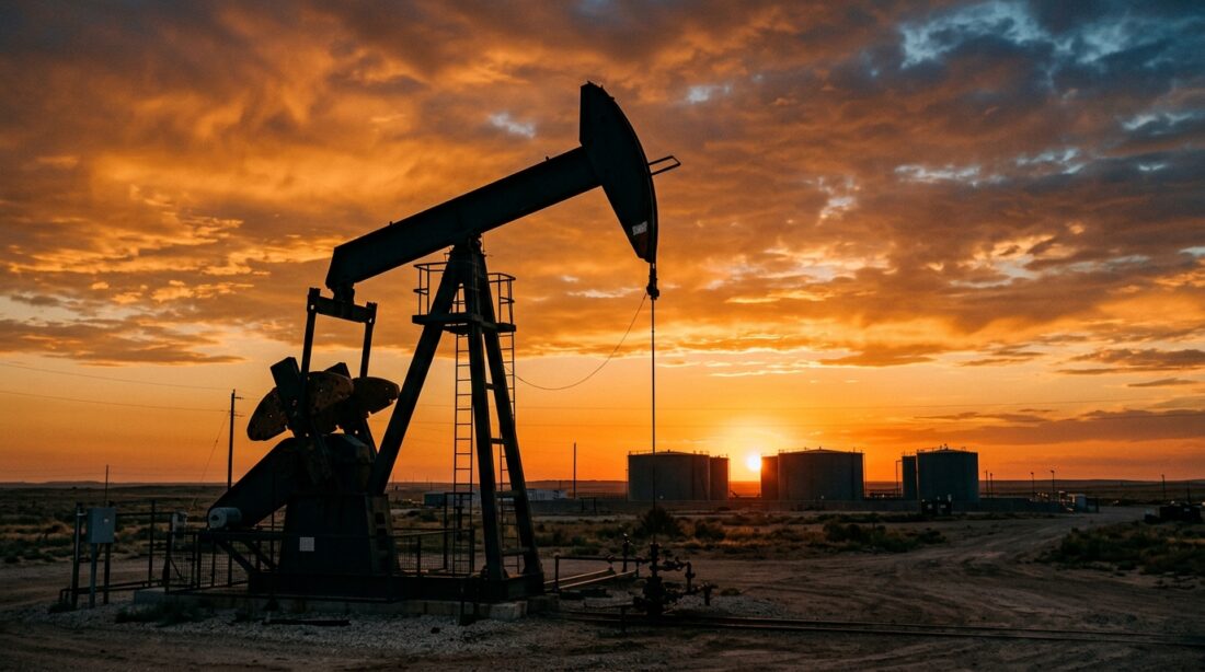 Нефтяной насос на фоне заката и резервуаров