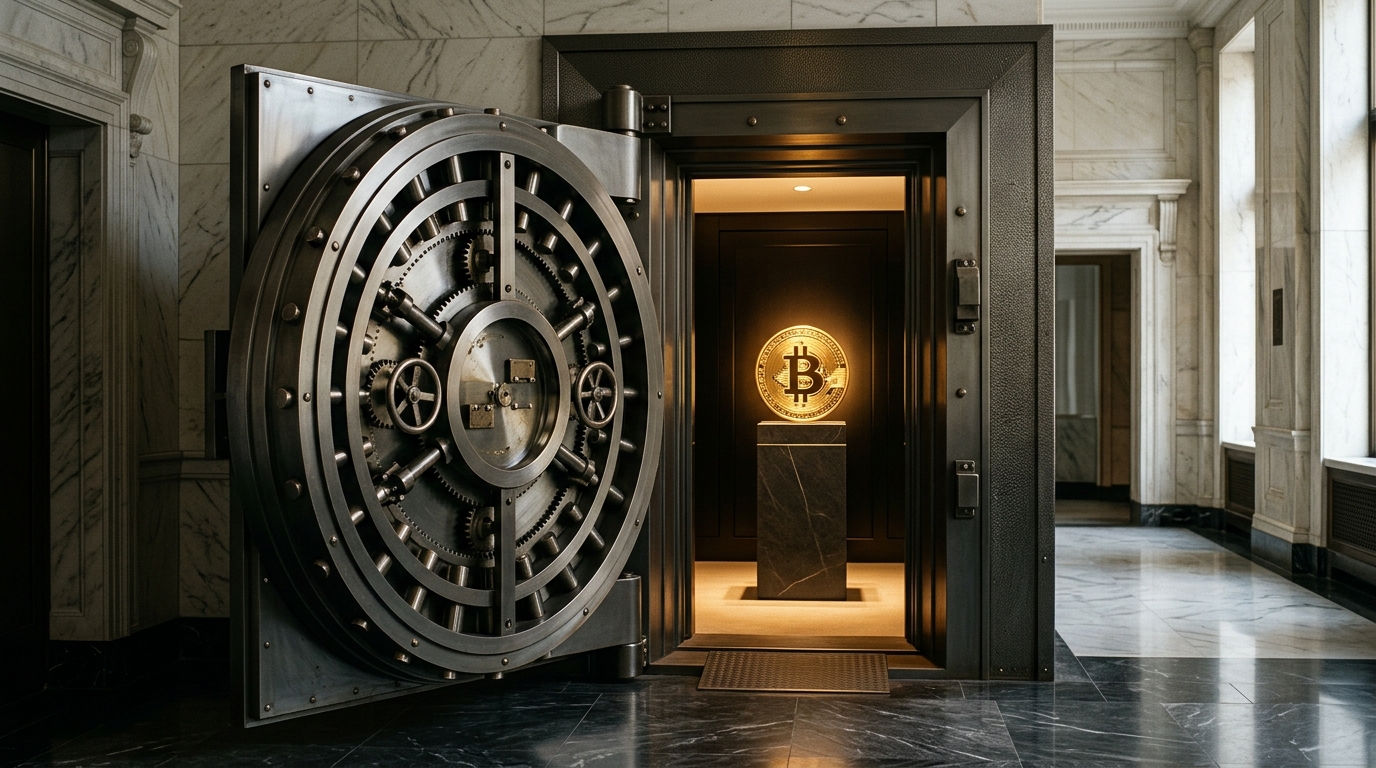 Открытая стальная дверь банковского хранилища с золотой монетой биткоина внутри