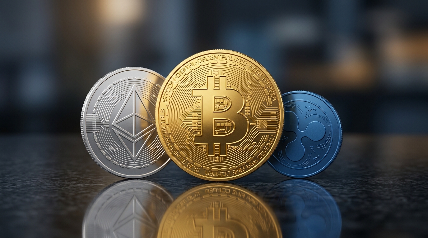 Три криптовалютные монеты: золотой биткоин, серебристый эфириум и синий XRP