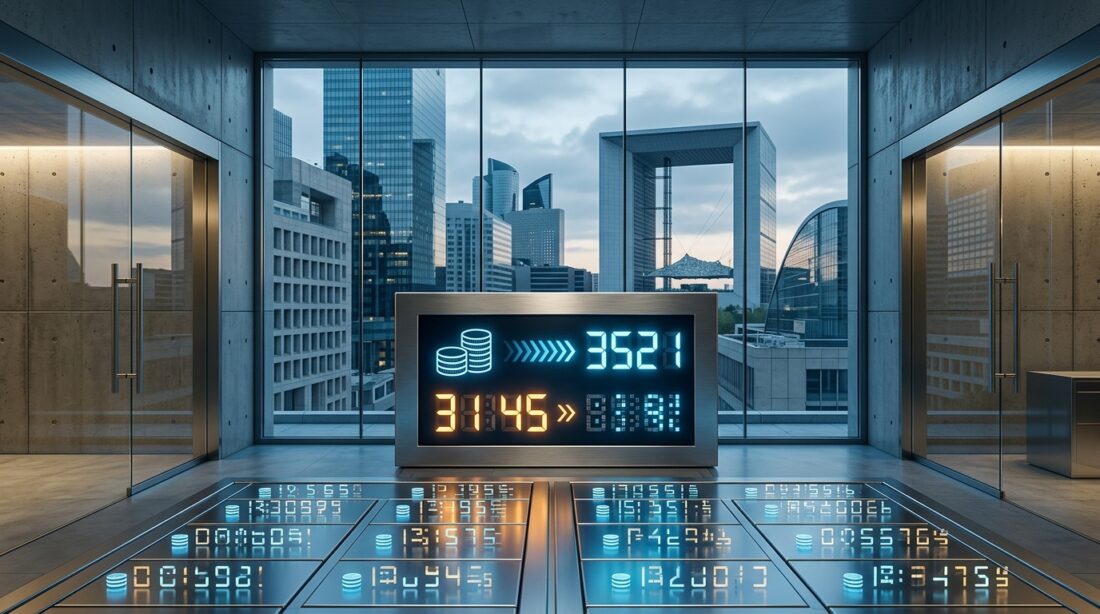 Corporate Bitcoin treasury vault displaying 3145 BTC growing toward 3521 BTC, French financial district in background