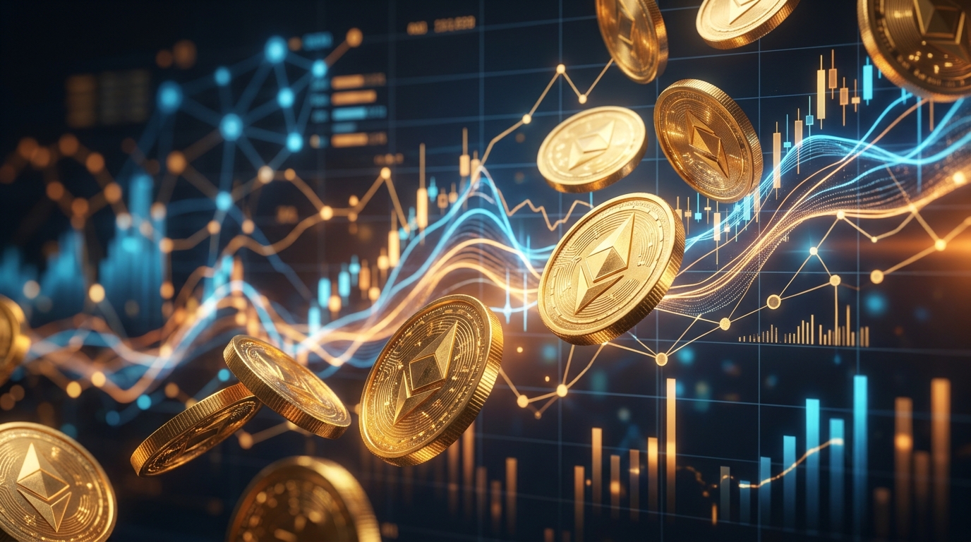 Золотые монеты Ethereum над графиками торговли криптовалютой
