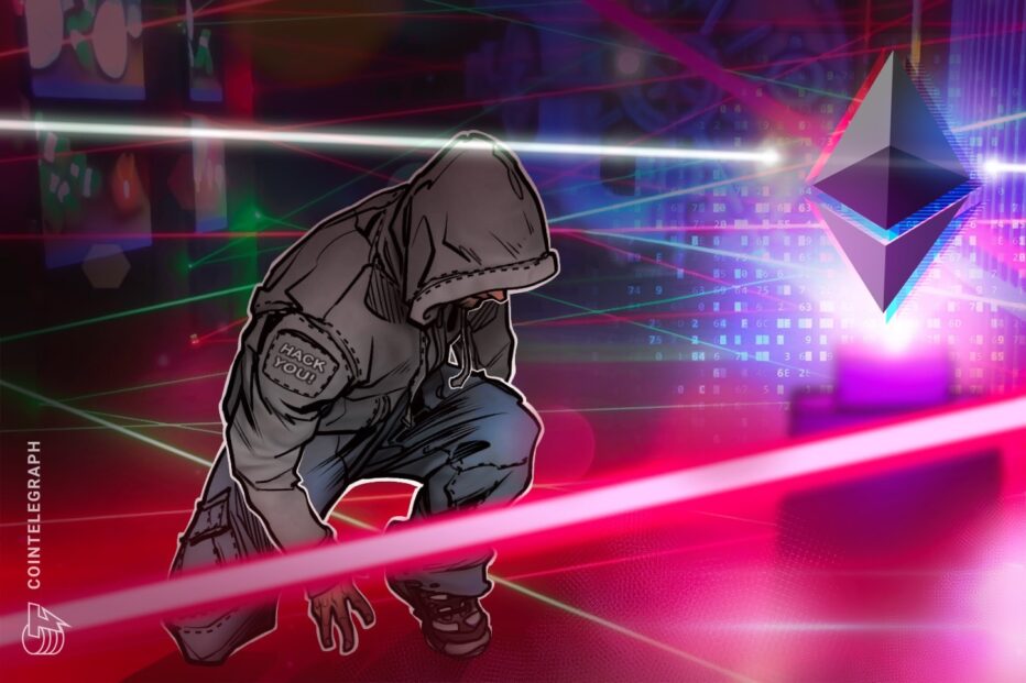 Abstract visualization of Bitcoin coins flowing through a bridge into Ethereum network, dark background with blockchain nodes and red warning highlights