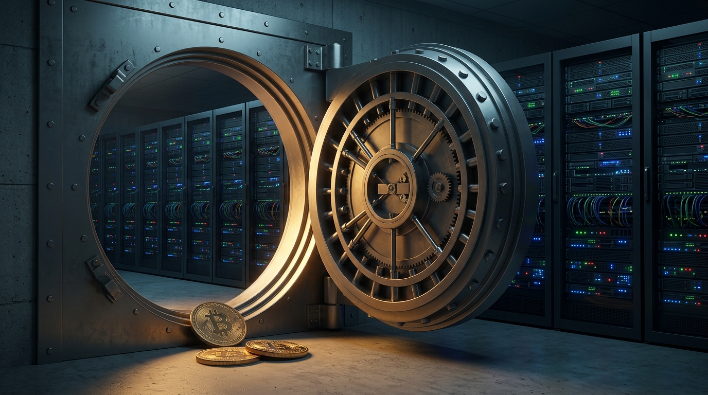 Открытый сейф в серверной комнате с монетами Биткоина