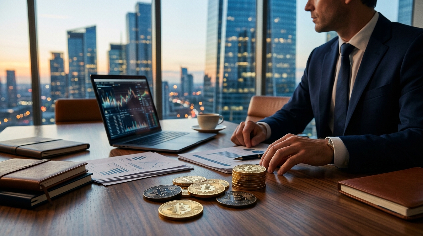 Бизнесмен с биткойнами и финансовыми документами в офисе