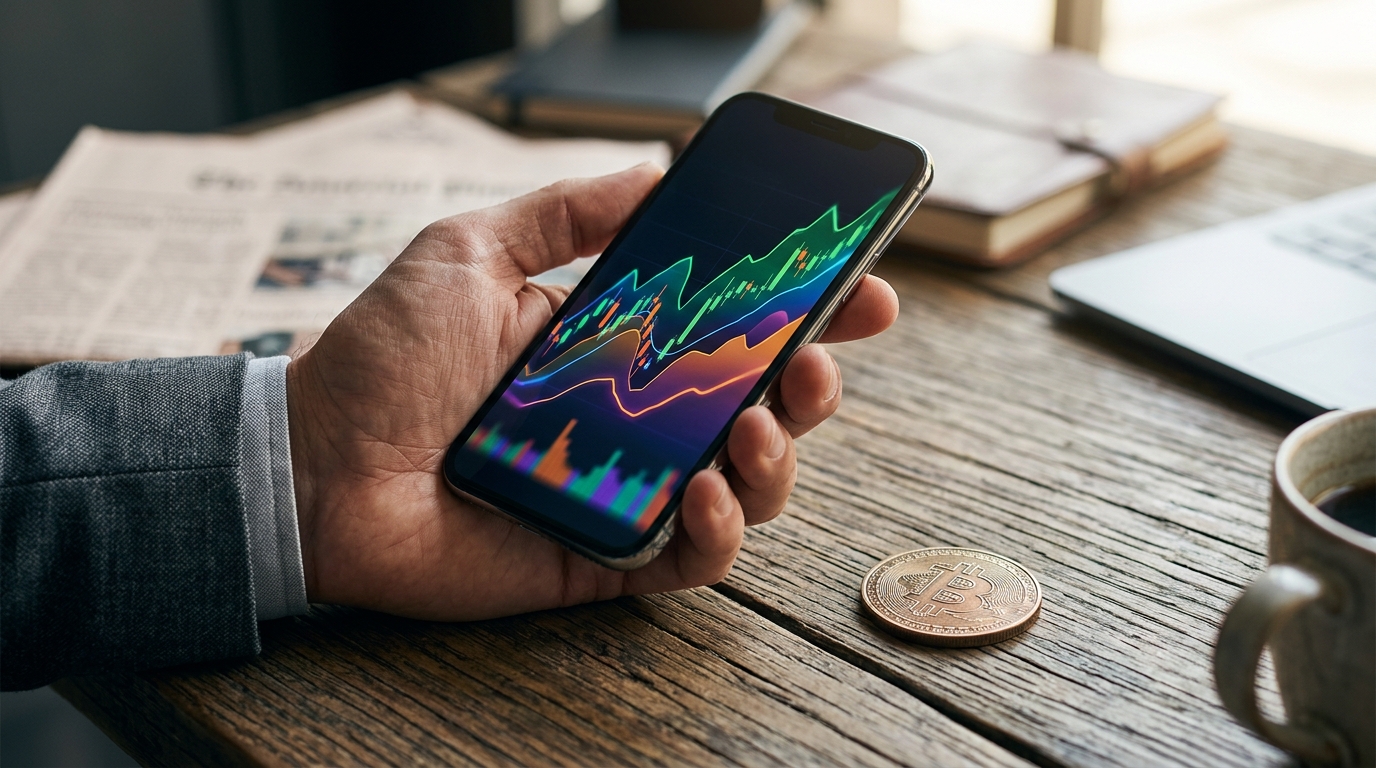 Рука держит смартфон с графиком котировок рядом с монетой биткоина