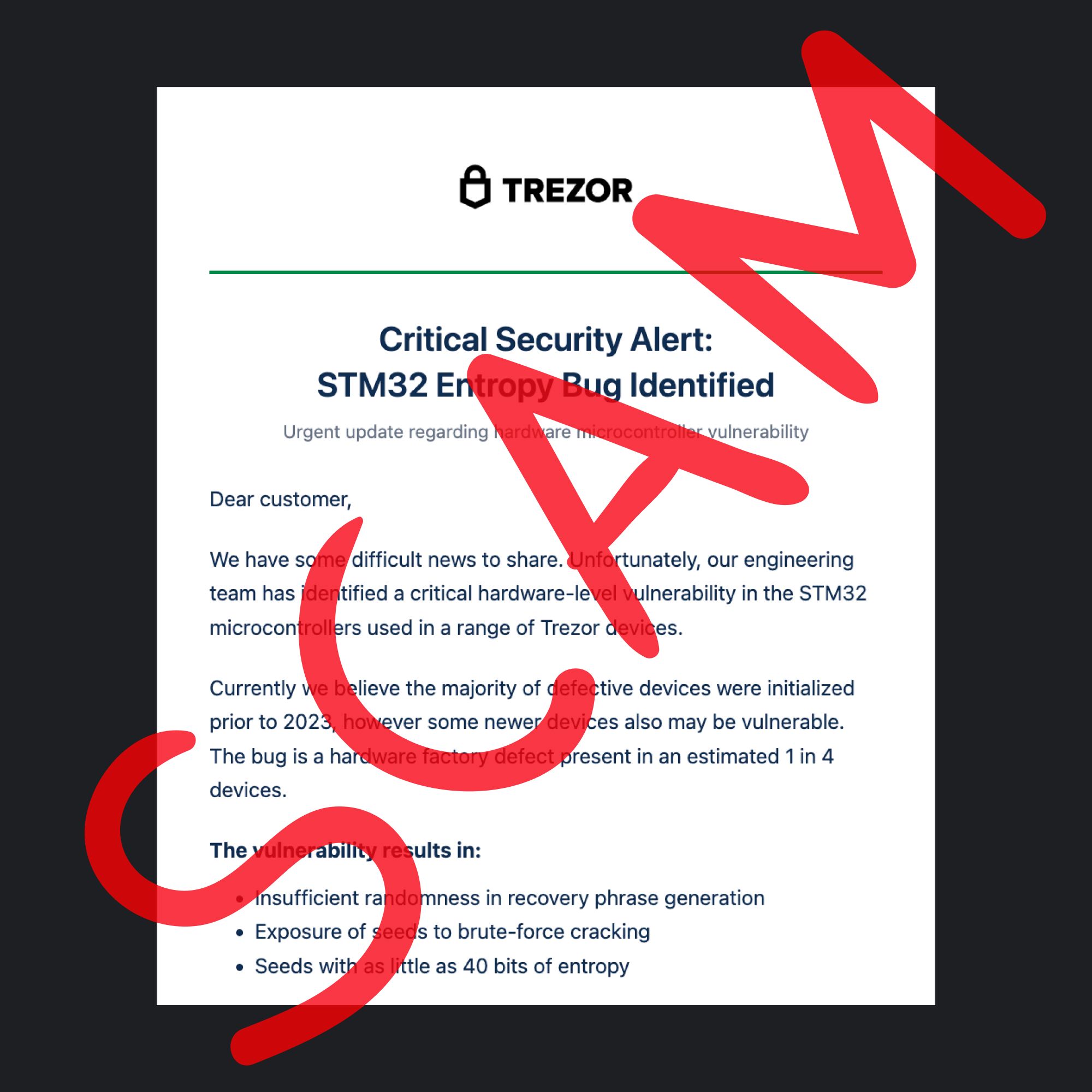 Письмо Trezor об уязвимости микроконтроллера STM32