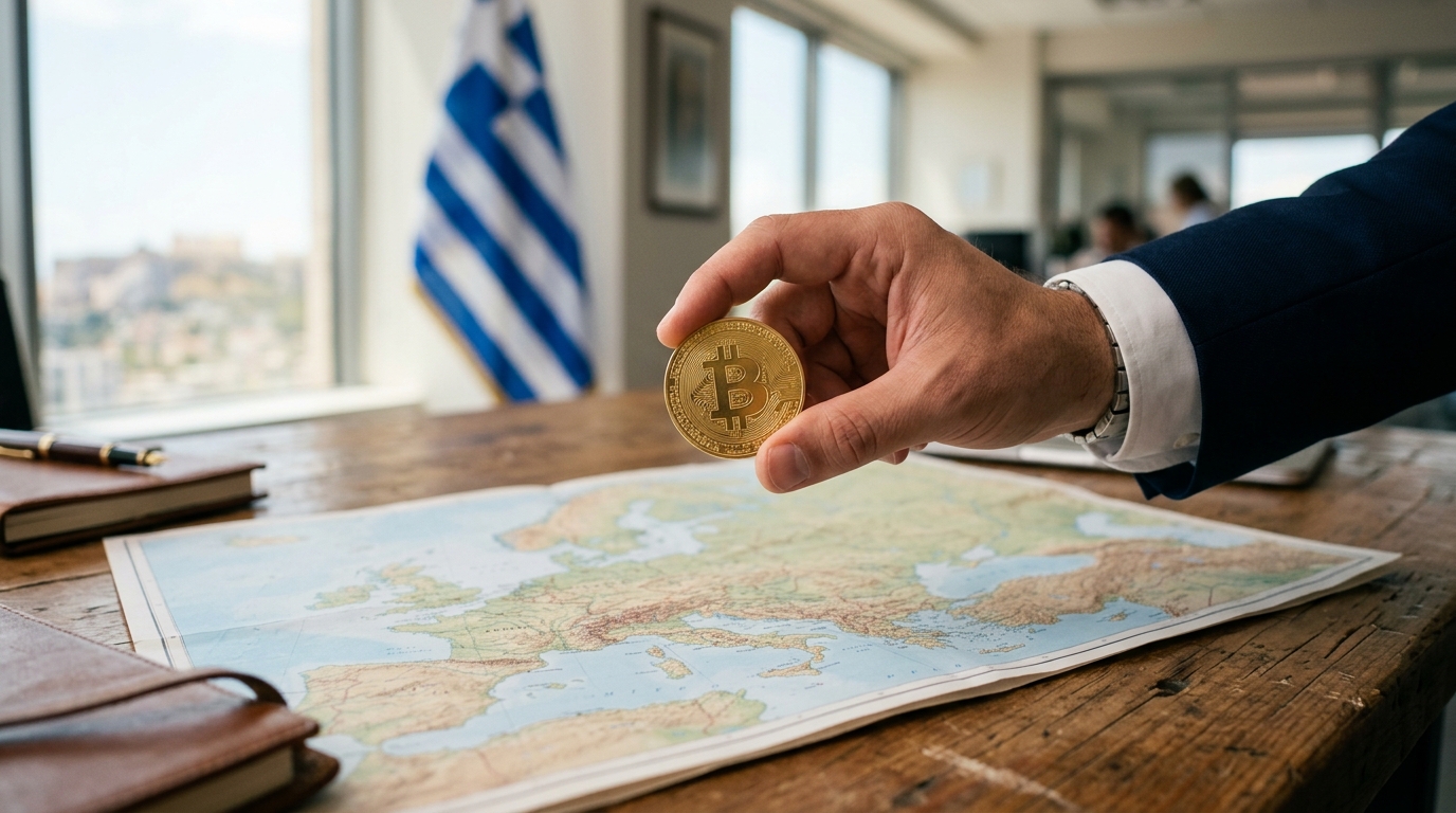 Рука держит золотую монету биткойна над картой Европы