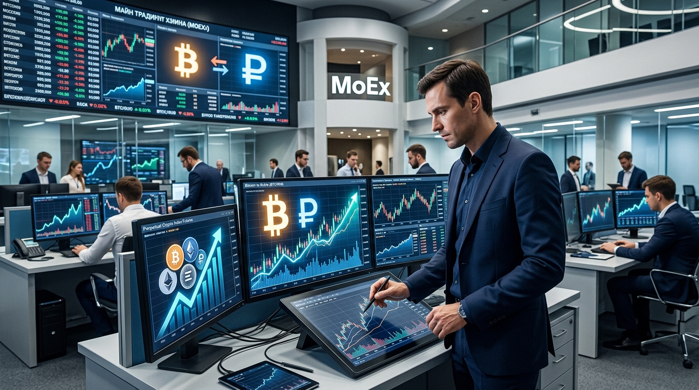 Трейдеры анализируют графики Bitcoin и криптовалютных индексов на мониторах в офисе MoEx