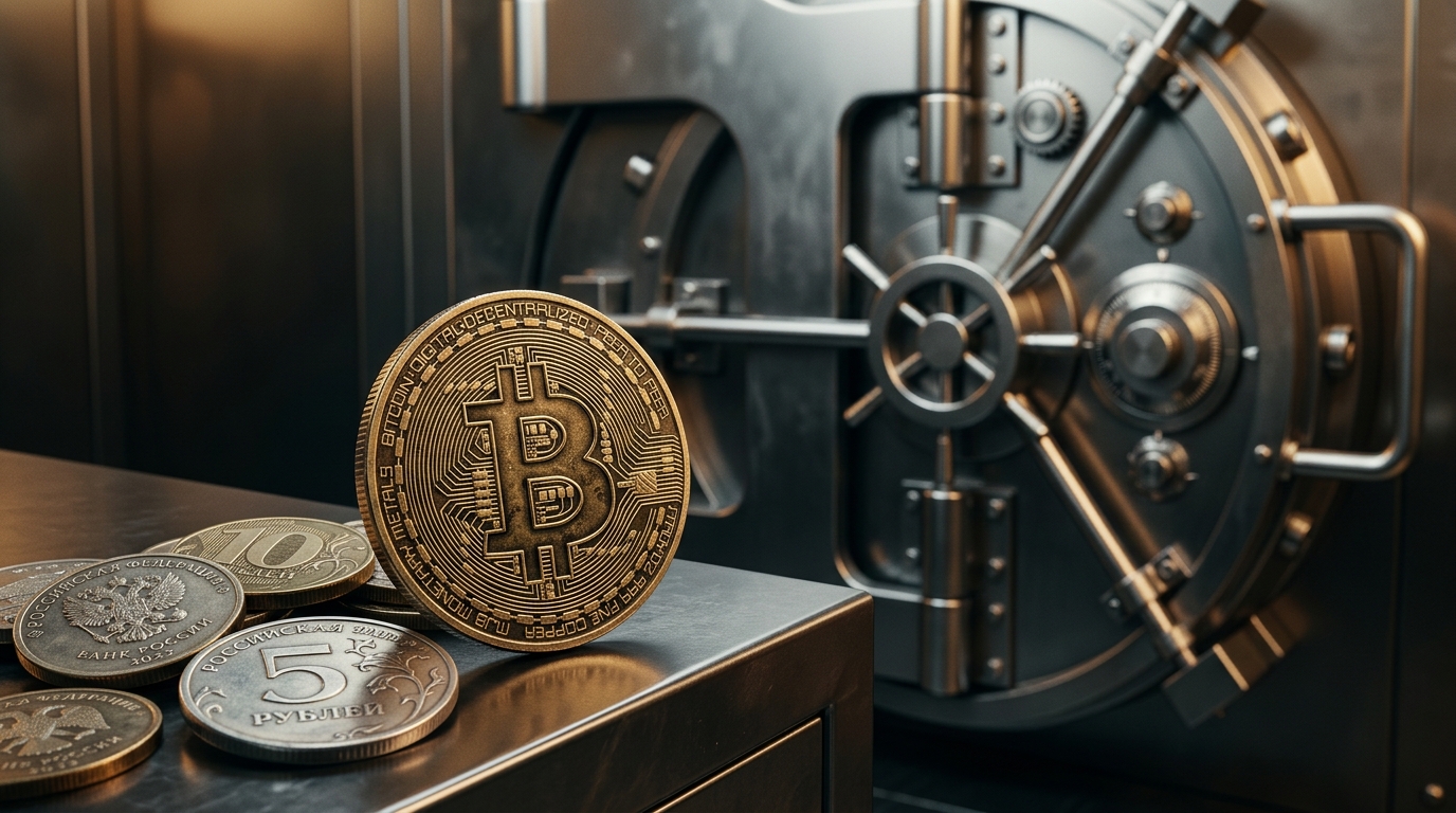 Биткоин рядом с монетами и сейфом