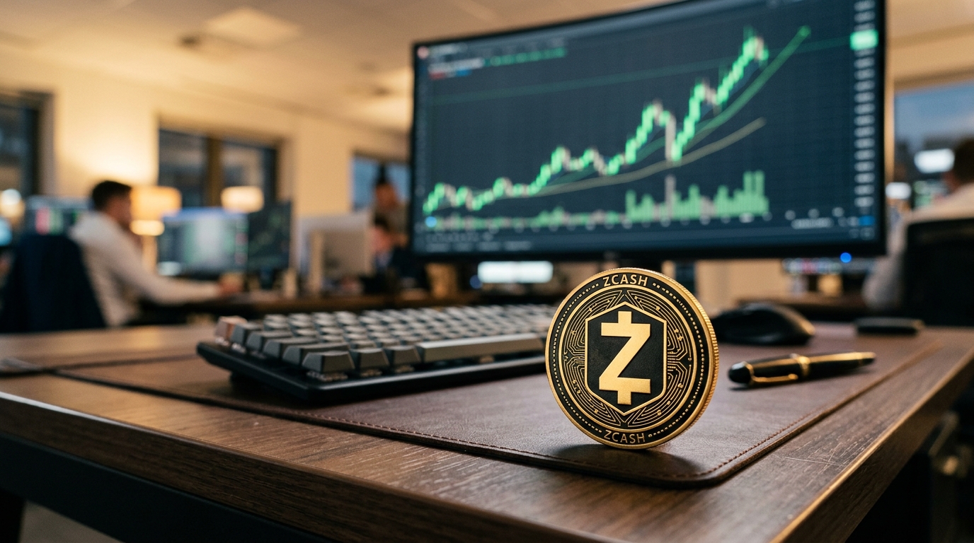 Монета Zcash на торговом столе на фоне растущего графика