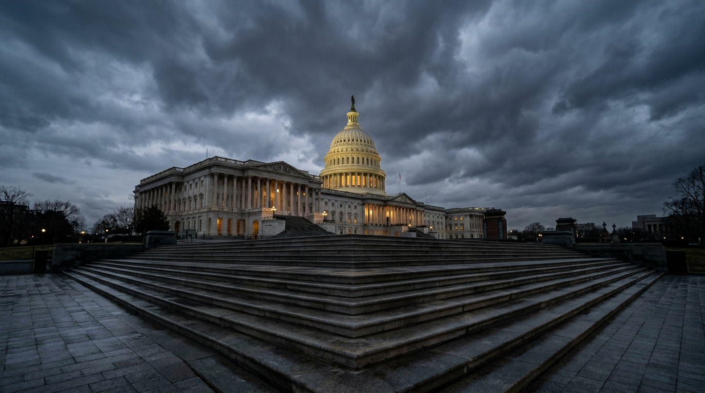Здание Капитолия США в сумерках под тяжелыми облаками