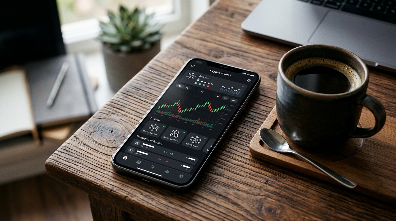 Смартфон с приложением криптовалютного кошелька на деревянном столе