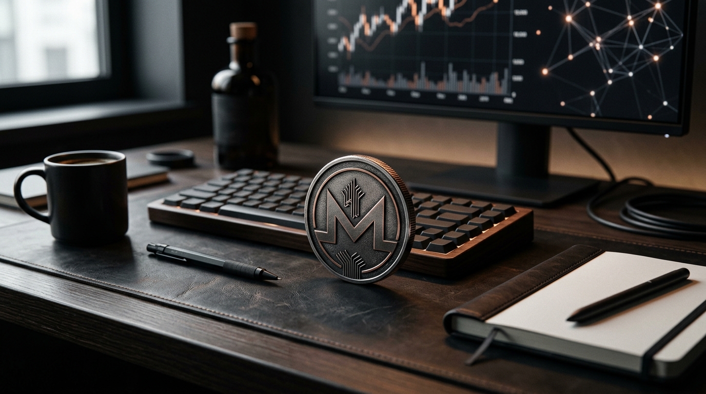 Монета Monero на рабочем столе с финансовыми графиками на мониторе