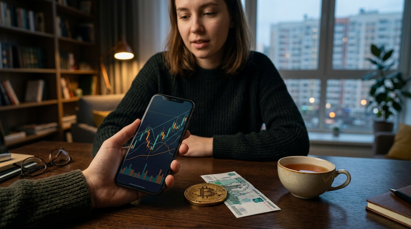 Женщина изучает график котировок на смартфоне рядом с биткойном и рублевой банкнотой