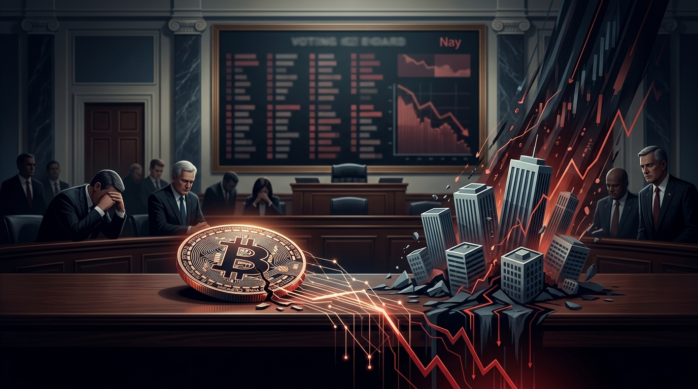 Биткоин и здания падают на фоне графиков падения в зале заседаний