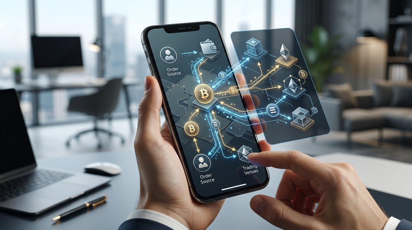 Смартфон с интерфейсом маршрутизации криптовалютных ордеров через биржи