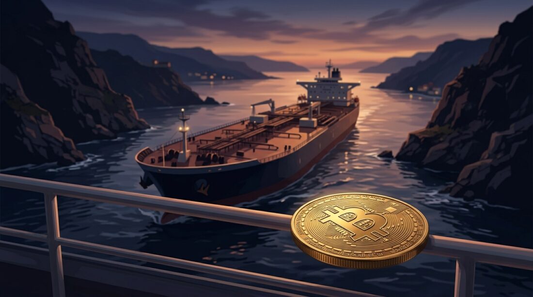 Золотая монета Bitcoin на палубе танкера в узком проливе