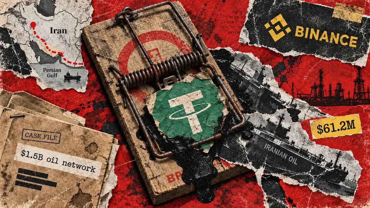 Мышеловка с логотипом Tether на фоне карты Ирана и нефтяных танкеров