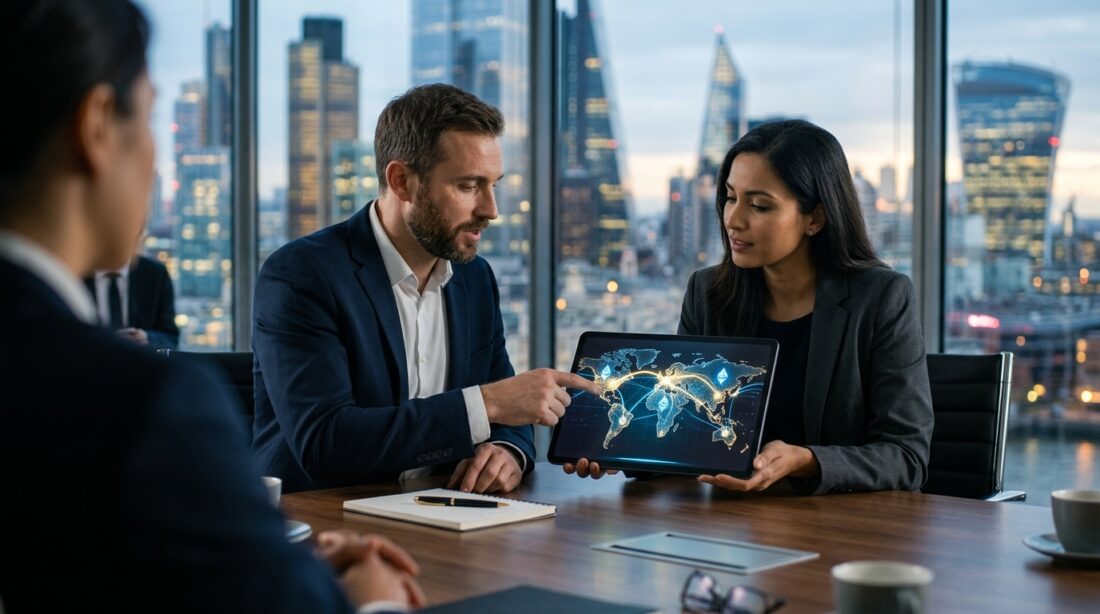 A business meeting with a digital tablet showing cryptocurrency transfer routing across a glowing world map
