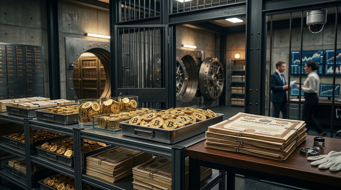 Корпоративный сейф с золотыми монетами Bitcoin и акциями