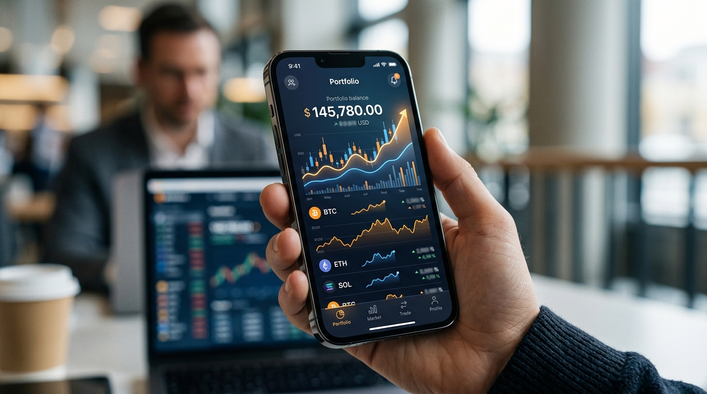 Мужчина держит смартфон с приложением портфеля криптовалют на экране
