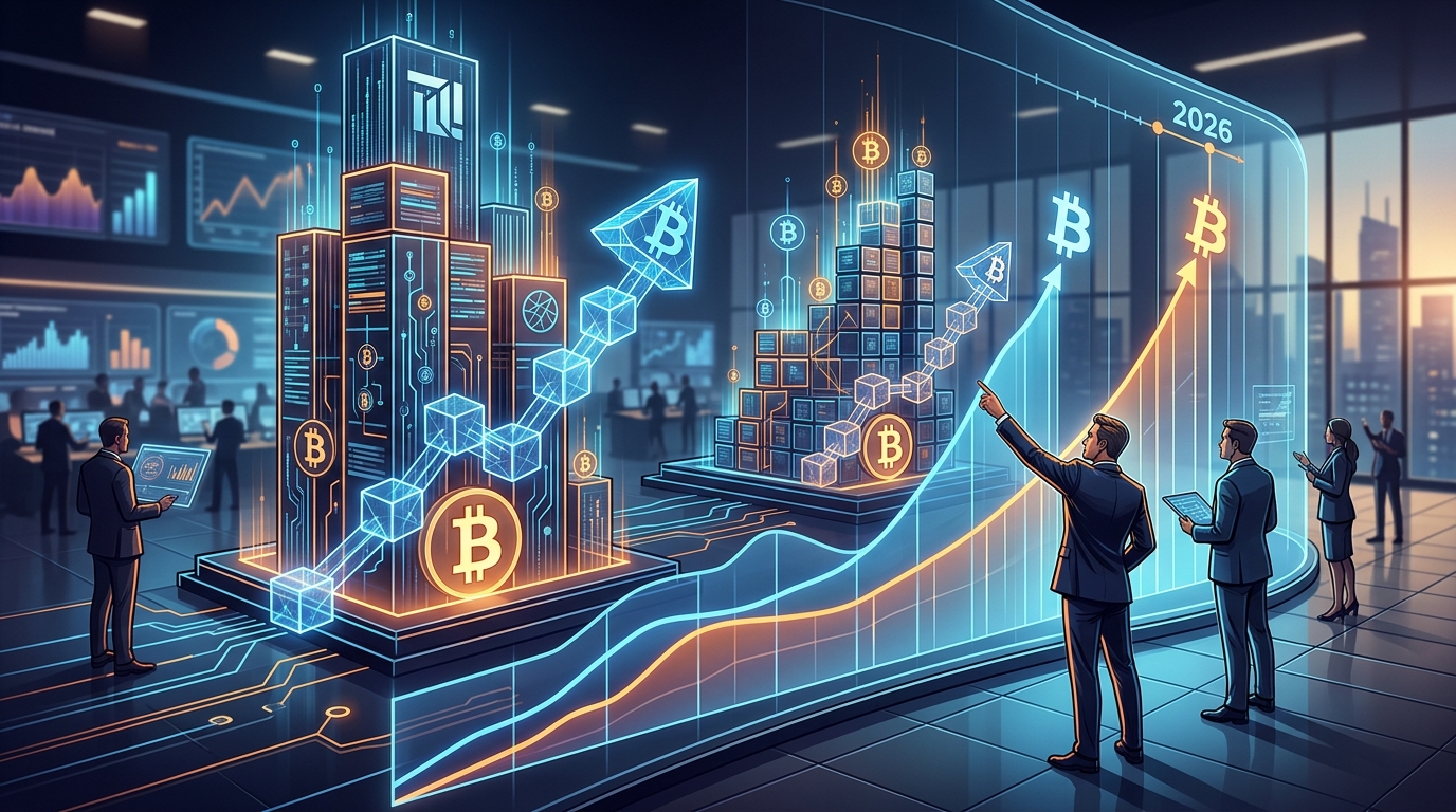 Бизнесмены анализируют растущий график биткоина в цифровом офисе