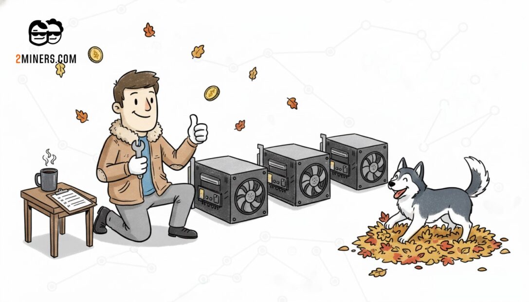 Отчёт 2Miners за сентябрь 2026: майнер обслуживает ASIC-майнеры, хаски играет в осенней листве