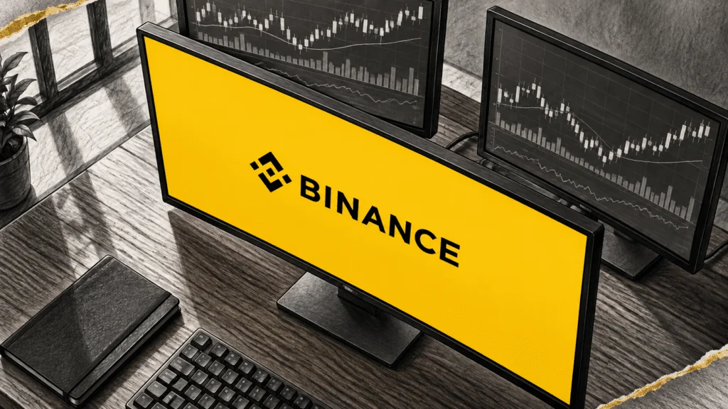 Монитор с логотипом Binance среди экранов со свечными графиками