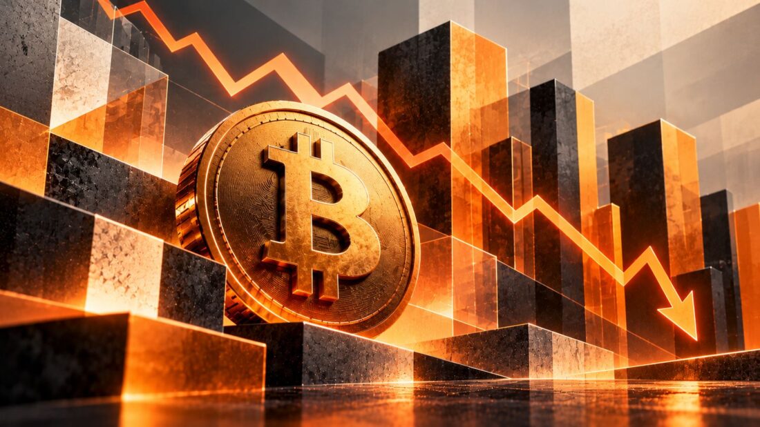 Золотистая монета биткоина на фоне падающего графика со стрелкой