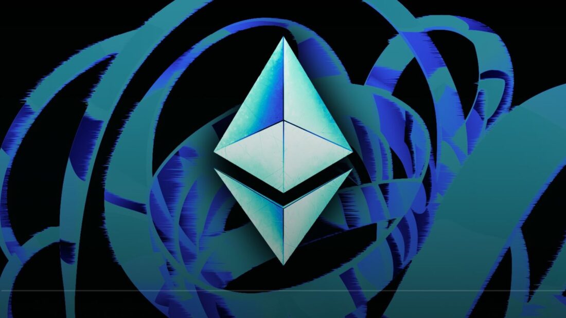 Логотип Ethereum на фоне синих абстрактных колец