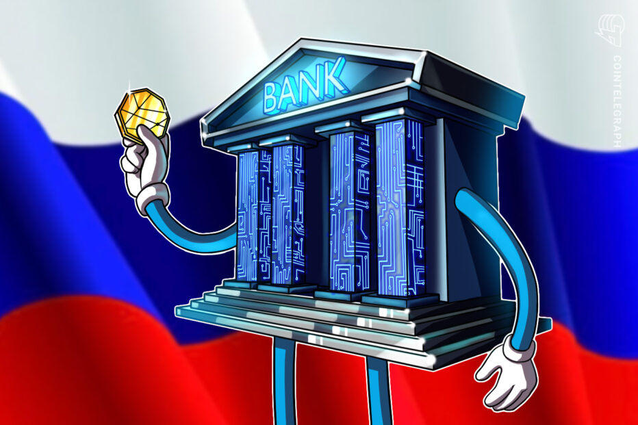 Цифровой банк с элементами криптовалюты на фоне российского флага